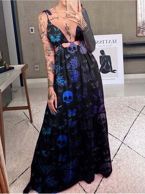 Women's Black Maxi Dress with Blue & Purple Skull Print Size 2X